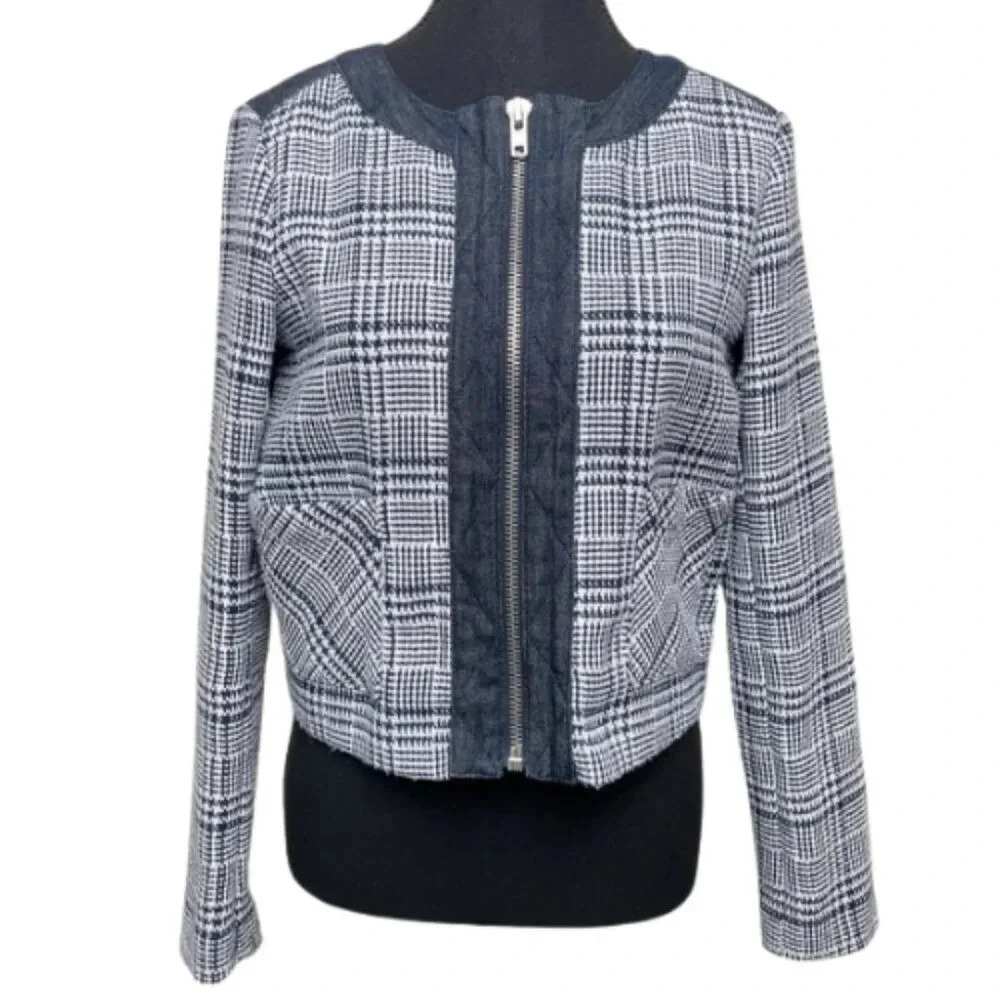BCBGeneration Womens 4 Tweed Denim Boxy Length Full Zip Jacket